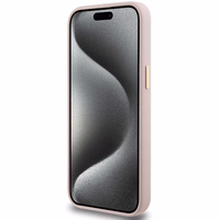 Guess silikoninis dėklas telefonui su metaliniu logotipu ir rėmeliu iPhone 15 Pro Max - rožinis