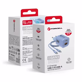 FORCELL F-ENERGY Crystal Color GaN III VT-41 kelioninis įkroviklis su silikoniniu kabeliu su 1 x Type C + 1x USB A lizdais, PD QC4.0 33W mėlynas