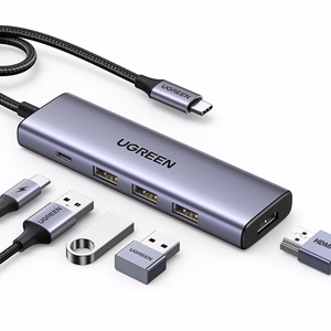Ugreen CM511 15597 5in1 šakotuvas USB-C - USB-C PD / HDMI / 3x USB-A 3.0 - pilkas