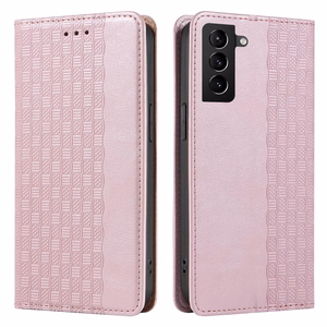 Magnetinis dėklas telefonui Samsung Galaxy S22+ (S22 Plus) su dirželiu, pinigine ir mažu pakabuku - rožinis