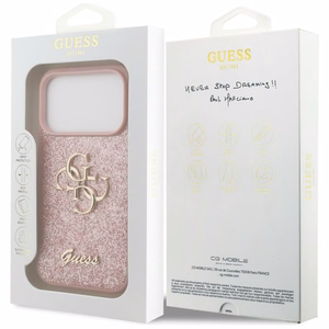 Guess PU Fixed Glitter 4G Metal Logo dėklas Apple iPhone 18 Pro, rožinis