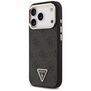 Guess PU Leather 4G Strass Triangle Logo Gold Frame MagSafe dėklas Apple iPhone 18 Pro, juodas