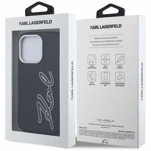 Karl Lagerfeld FW Grained Signature Logo Dėklas iPhone 16 Pro Max - juodas