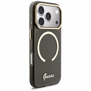 Guess IML Glitters Script Dirželis MagSafe Dėklas for iPhone 17 Pro - juodas