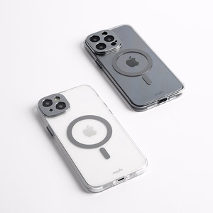 Moshi iGlaze MagSafe dėklas, skirtas iPhone 15 Plus, skaidrus su „Meteorite Gray“ spalvos detalėmis
