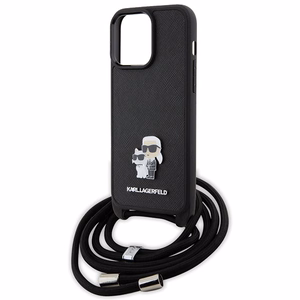 Karl Lagerfeld kryžminis Saffiano metalinis ženkliukas Karl & Choupette dėklas telefonui iPhone 15 Pro Max - juodas