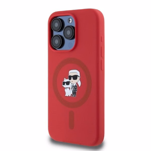 Karl Lagerfeld silikoninis Karl&Choupette galvų žiedas Magnetinis dėklas iPhone 15 Pro - Raudonas