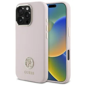 Guess Silikoninis Logo Strass 4G Dėklas iPhone 16 Pro - šviesiai rožinis