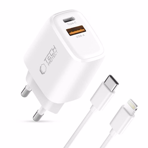 Tech-Protect NCA30 PD 30W QC3.0 USB-A / USB-C sieninis įkroviklis + USB-C / Lightning kabelis 100cm - baltas