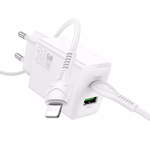 Įkroviklis Hoco N71 30W GaN USB-C/USB-A + USB-C to Lightning cable 1.0m baltas