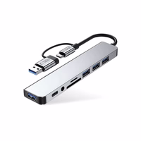 "Tech-Protect" HB06 HUB adapteris 8in1 TYPE-C + USB2.0 + USB3.0 + SD/TF + AV3.5 - pilkos spalvos
