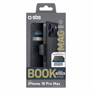 SBS Wallet Classic Mag dėklas, skirtas iPhone 18 Pro Max, su pinigine ir stovu, suderinamas su MagSafe – juodas