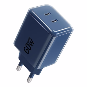 Telefono įkroviklis Forcell F-Energy GaN III Crystal Color, 2x USB C, AVS, SSFC3.0, 60W + silikoninis laidas USB C į USB C VT-60, tamsiai mėlynas