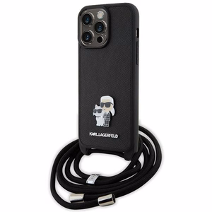 Karl Lagerfeld kryžminis Saffiano metalinis ženkliukas Karl & Choupette dėklas telefonui iPhone 15 Pro Max - juodas