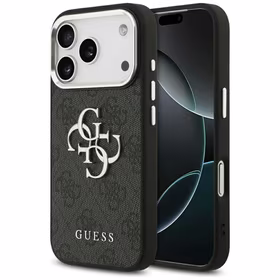 GUESS dėklas telefonui IPHONE 17 Pro GUHCP17LP4G4SMCK (4G PU odos dėklas su dideliu 4G ir klasikiniu logotipu bei sidabriniu metaliniu kameros rėmeliu) juodas