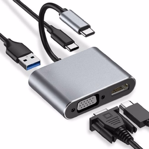 USB Type-C šakotuvas 4-in-1 USB 3.0 + PD 100W + HDMI 4k30Hz + VGA FullHD