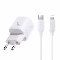 Joyroom JR-TG7 33W USB-A + USB-C sieninis įkroviklis su 30W USB-C - Lightning 1m laidu - baltas