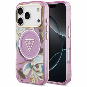 Guess IML Glitter Flowers Triangle MagSafe dėklas, skirtas iPhone 17 Pro / 18 Pro – violetinis