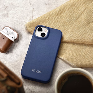 iCarer CE Premium odinis folio dėklas iPhone 14 Plus magnetinis atverčiamas odinis folio dėklas MagSafe mėlyna