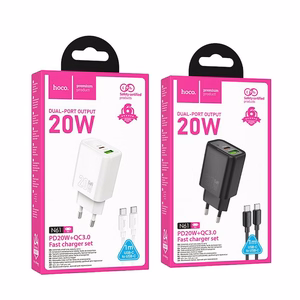 Įkroviklis telefonui Hoco USB A + USB C QC3.0 PD 3A 20W + kabelis USB C į USB C N61 balta