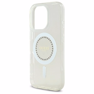 Guess IML Rhinestones magnetinis dėklas telefonui iPhone 16 Pro - baltas