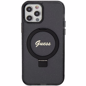Guess Ring Stand Script Glitter Magnetinis dėklas telefonui iPhone 12/12 Pro - juodas