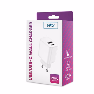 "Setty" įkroviklis 1x USB + USB-C 3A 20W, baltas