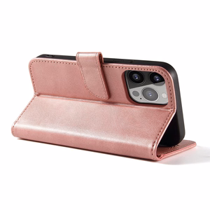 Magnetinis dėklas telefonui iPhone 14 Pro Max su atverčiamu dangteliu, pinigine ir stovu rožinis