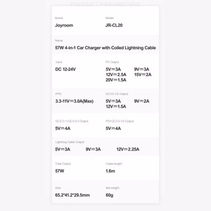 Įkroviklis automobilinis Joyroom (JR-CL20) 4IN1 (2xUSB, 1xUSB-C 1.6M 57W) su lightning laidu juodas