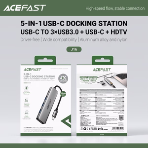 Acefast J16 USB šakotuvas USB-C 5-in-1 HDMI 4K 60Hz PD90W doko stotis - pilkas