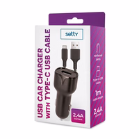 "Setty" automobilinis įkroviklis 1x USB 2,4A juodas + USB-C kabelis 1,0 m