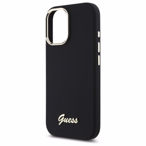"Guess" silikoninis "iPhone 16 Plus" korpusas su metaliniu logotipu ir rėmeliu - juodas
