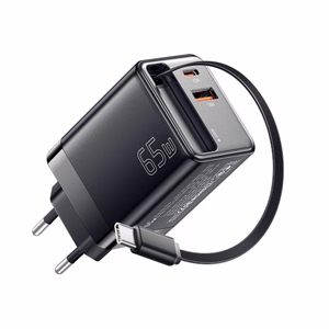 Įkroviklis Essager Scope juodas 65W (1xPD / 1xQC3.0) + integruotas Type-C laidas