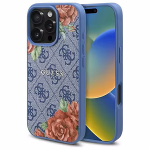 Guess 4G Flowers Print MagSafe dėklas telefonui iPhone 16 Pro Max - mėlynas