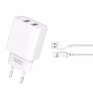 "XO" sieninis įkroviklis CE02C 2x USB 2,1A baltos spalvos + "Lightning" laidas