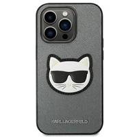 Karl Lagerfeld Saffiano Choupette Head Patch dėklas telefonui iPhone 14 Pro - sidabrinis