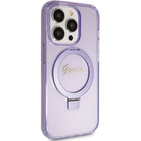 Guess dėklas telefonui su stovu Ring Stand Script Glitter magnetinis iPhone 15 Pro Max - violetinis