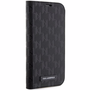 Karl Lagerfeld KLBKP14LSAKLHPK iPhone 14 Pro 6.1" knygos tipo dėklas juodas Saffiano Monogram