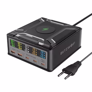 Blitzwolf BW-S28 260W, 2xUSB-A, 3xUSB-C, 15W belaidis įkroviklis (juodas)