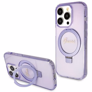 Guess Magnetinis dėklas telefonui su žiediniu stovu Script Glitter MagSafe iPhone 13 Pro Max - violetinė