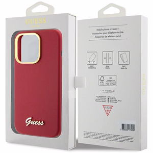 Guess Silicone Script Metal Logo & Frame dėklas telefonui iPhone 15 Pro - raudonas