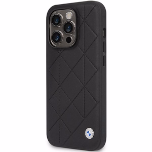 Dėklas telefonui BMW BMHCP14L22RQDK iPhone 14 Pro 6.1 - juodas odinis klostuotas raštas