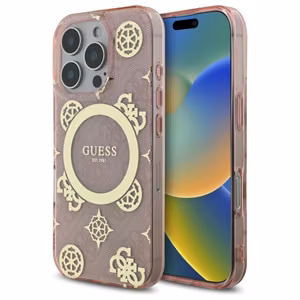Guess IML Peony On 4G Background Magnetinis dėklas iPhone 16 Pro - rožinis