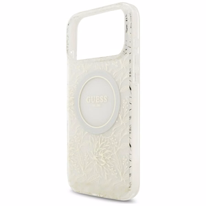 Guess IML MagSafe dėklas su gėlių raštu, metalizuota apdaila ir perlų dirželiu, skirtas iPhone 18 Pro Max / 17 Pro Max, baltas