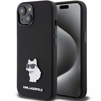 Karl Lagerfeld silikoninis Choupette Metal Pin dėklas telefonui iPhone 15 Plus / 14 Plus - juodas
