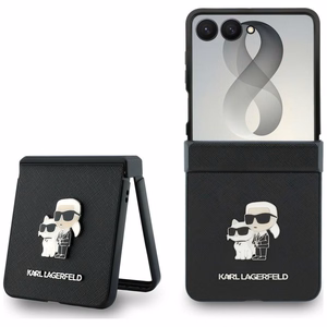 Juodas „Karl Lagerfeld Saffiano Karl & Choupette Pin“ dėklas, skirtas „Samsung Galaxy Z Flip8“