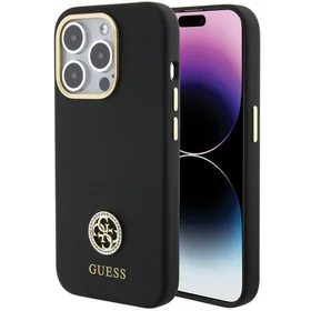 Guess silikoninis Logo Strass 4G dėklas telefonui iPhone 15 Pro - juodas