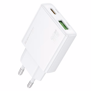 Borofone Įkroviklis BN25 Wish (Ultra Thin) - USB + Type-C - PD QC 3.0 30W baltas