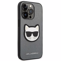 Karl Lagerfeld Saffiano Choupette Head Patch dėklas telefonui iPhone 14 Pro Max - sidabrinis