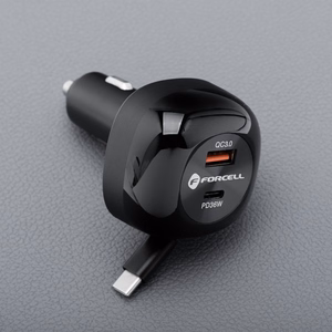 FORCELL F-ENERGY Alu automobilinis įkroviklis su įtraukiamu kabeliu Type C ir Type C + USB A jungtimis PD QC4.0 SFC2.0 3A 75W juodas